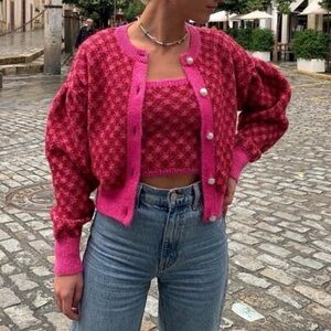 Zara Pink Plaid Knitted Jacket & Cropped Tank